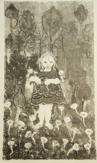 Girl in a garden with dolls