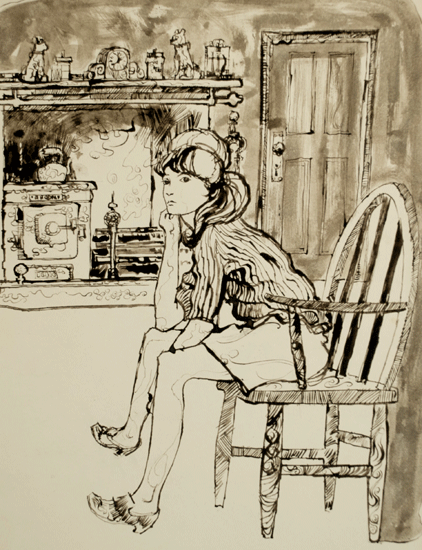 Girl in front of the fire